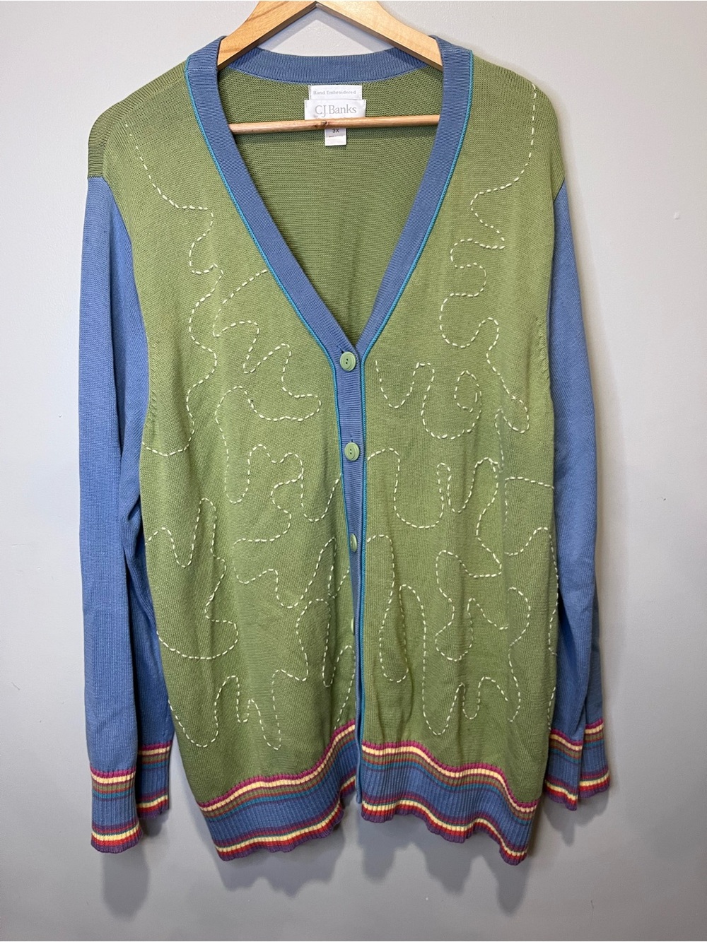 CJ Banks Hand Embroidered Fun Blue Green Button-Front Cardigan